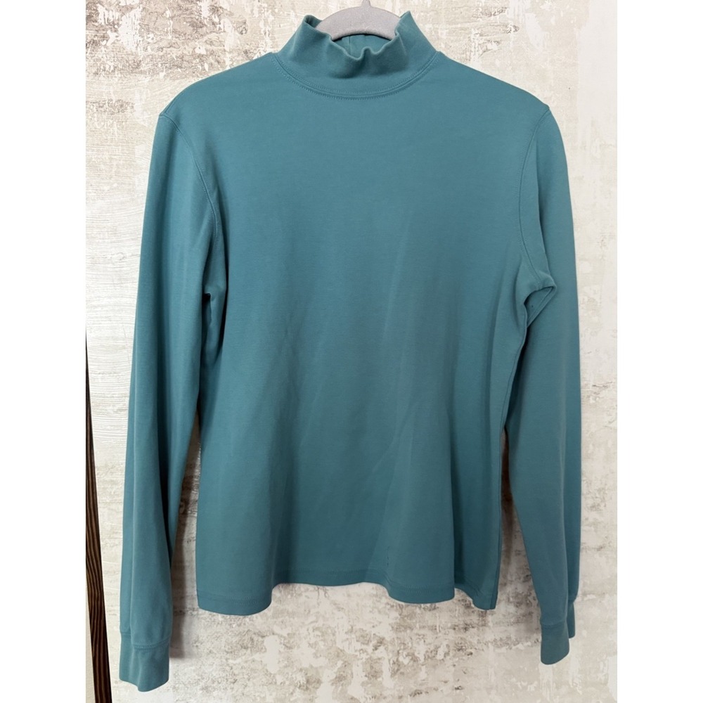LL BEAN Womens XS 100% Cotton Long Sleeve Mock Neck Tee Top Teal Blue